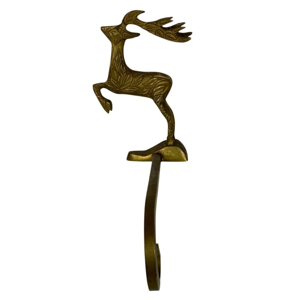 Vintage Brass Reindeer Christmas Stocking Holder Mantle Hook Holiday Decor